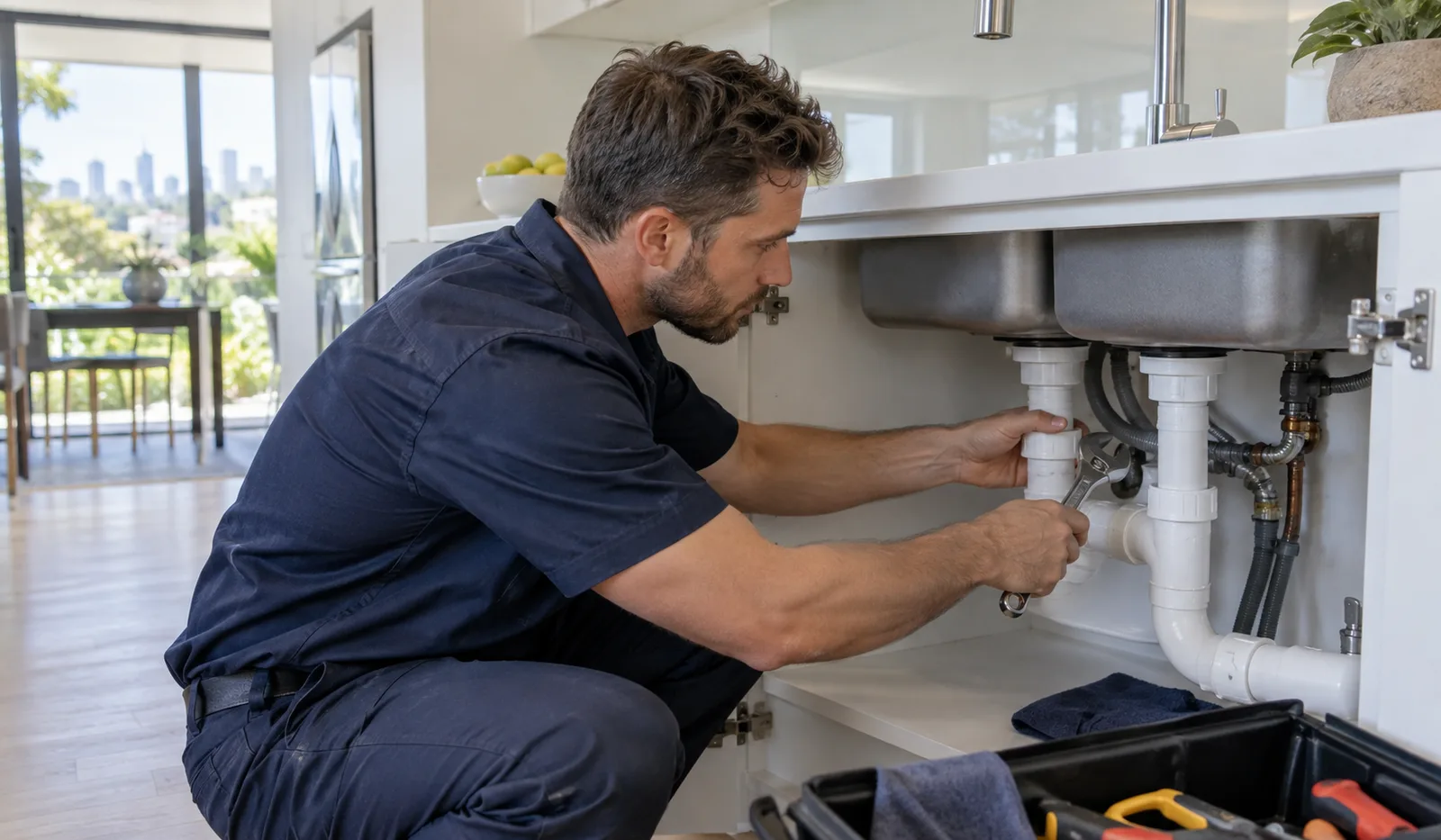 Plumber repairing a pipe under a kitchen sink