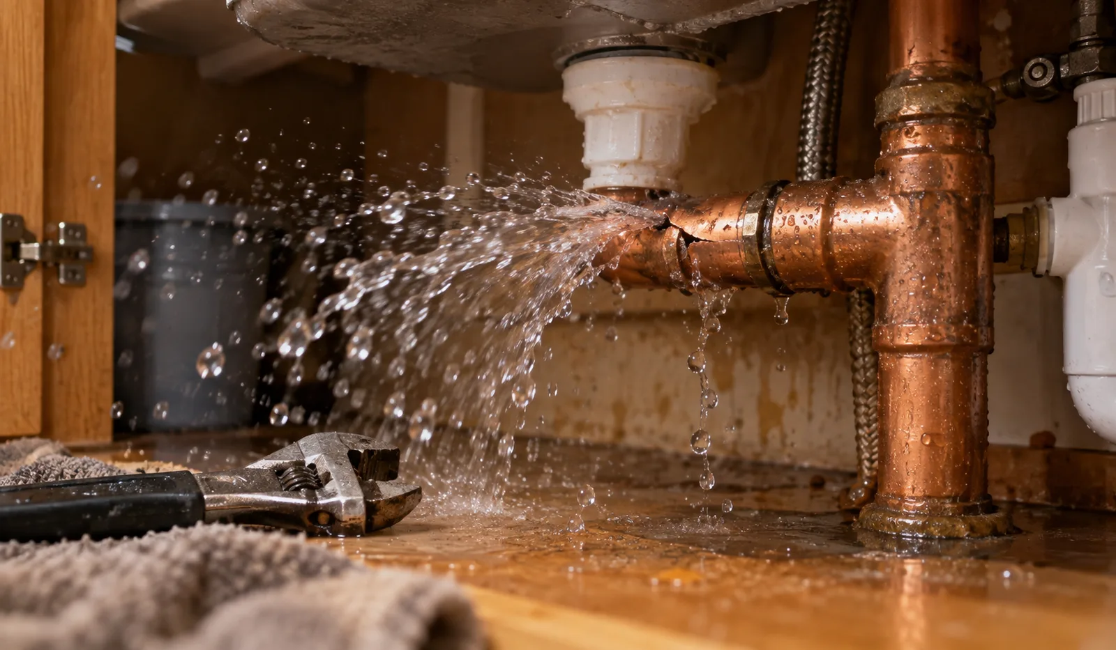 Burst copper pipe spraying water under a sink